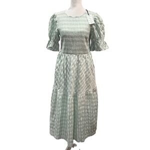 Tuckernuck Mint Green White Gingham Sussex Dress Puff Sleeve Midi Womens Medium
